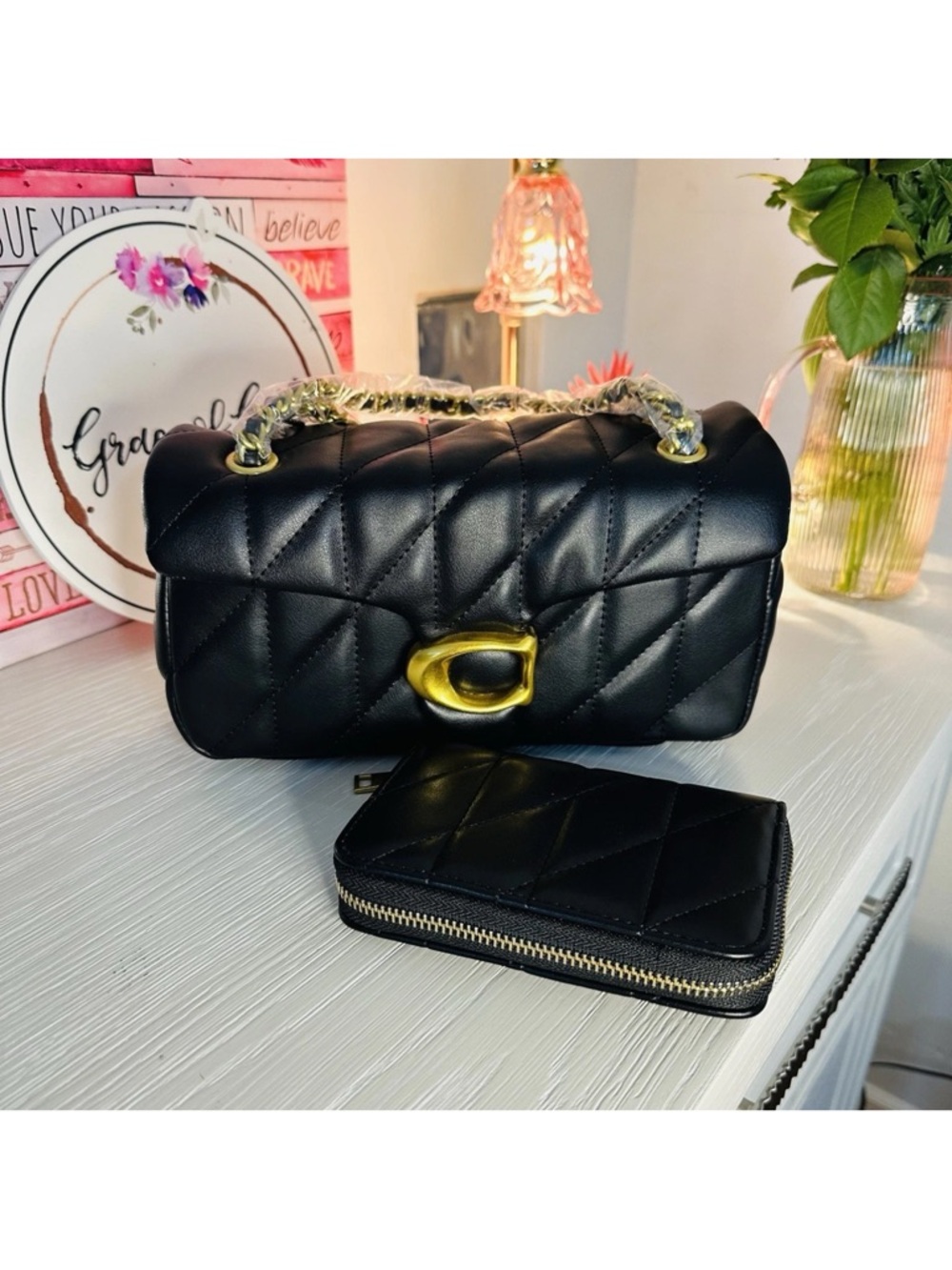 Black Quilted Shoulder Bag with Chain Strap and Gold Accent